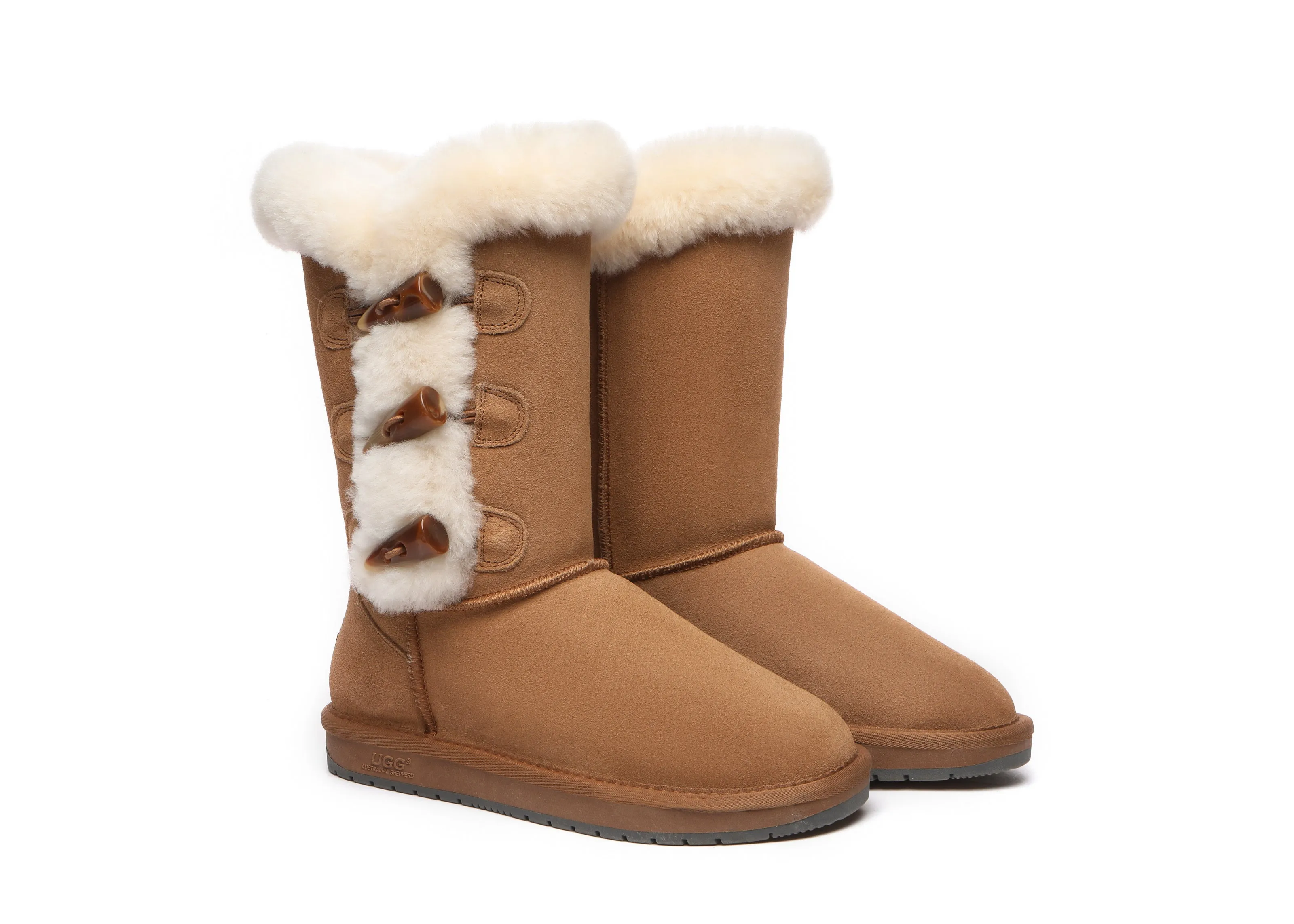 AUSTRALIAN SHEPHERD® UGG Boots Women Sheepskin Wool Horn Toggle Closure Tall Tamari