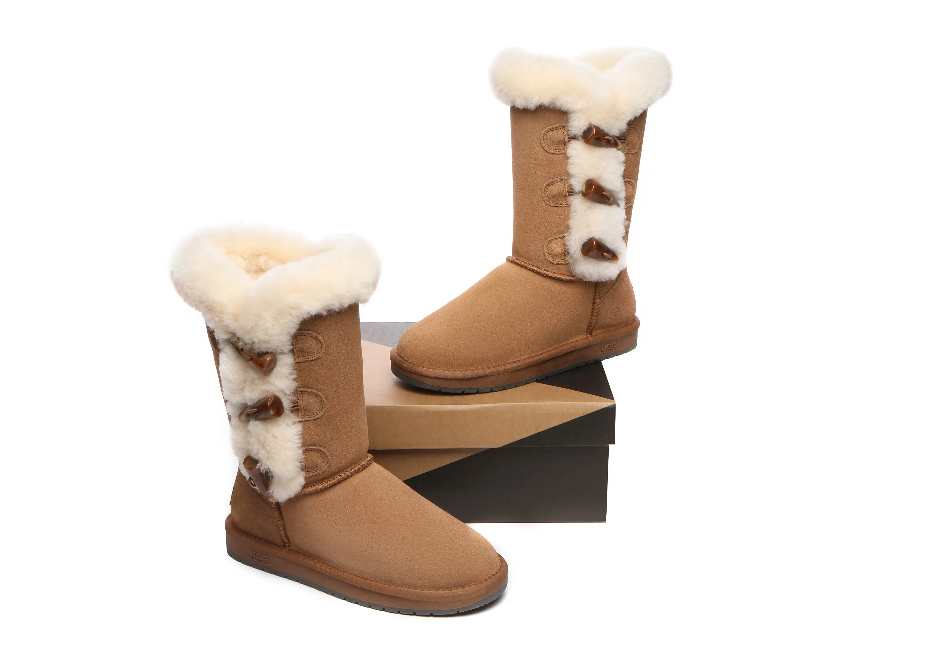 AUSTRALIAN SHEPHERD® UGG Boots Women Sheepskin Wool Horn Toggle Closure Tall Tamari