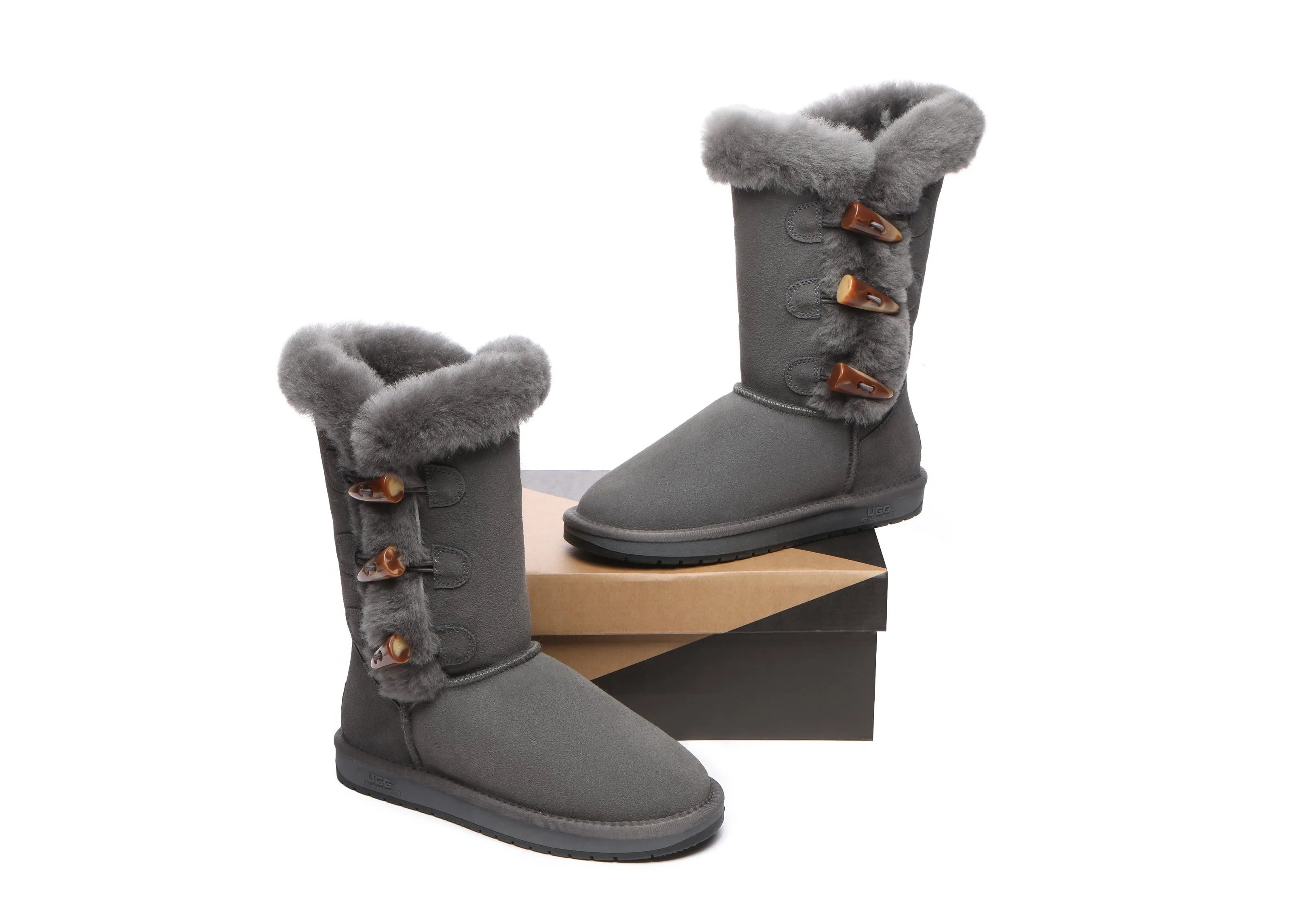 AUSTRALIAN SHEPHERD® UGG Boots Women Sheepskin Wool Horn Toggle Closure Tall Tamari