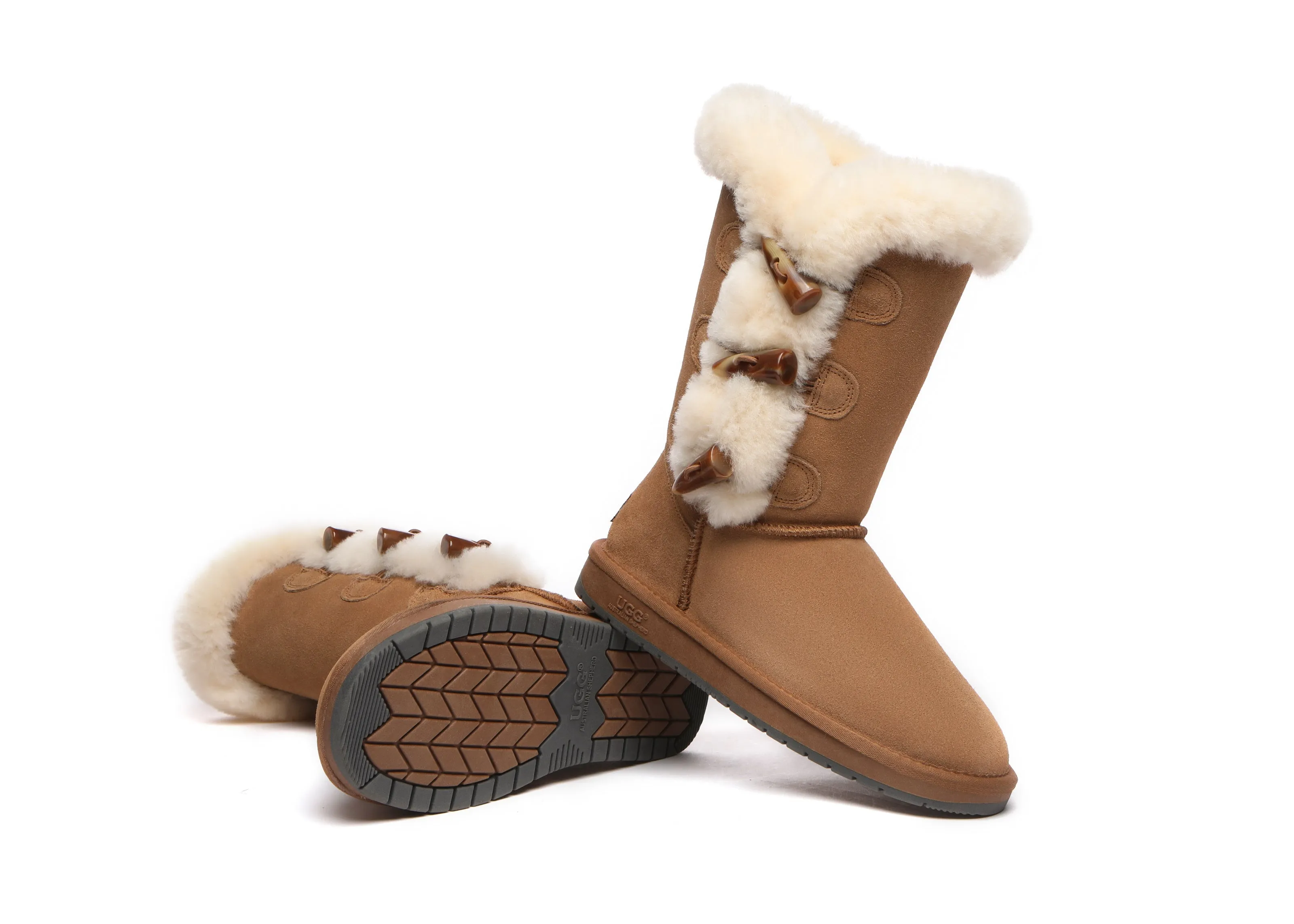 AUSTRALIAN SHEPHERD® UGG Boots Women Sheepskin Wool Horn Toggle Closure Tall Tamari