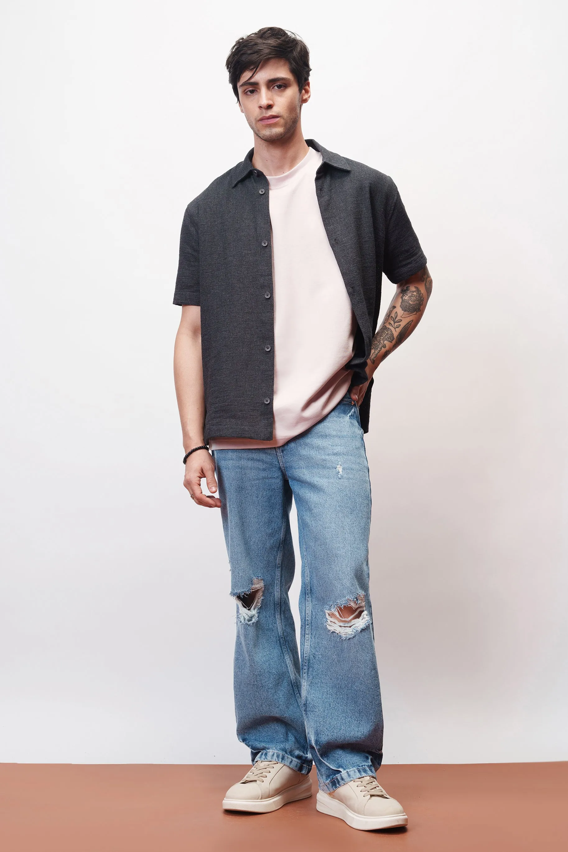 Basic Blue Knee Ripped Men's Straight Jeans