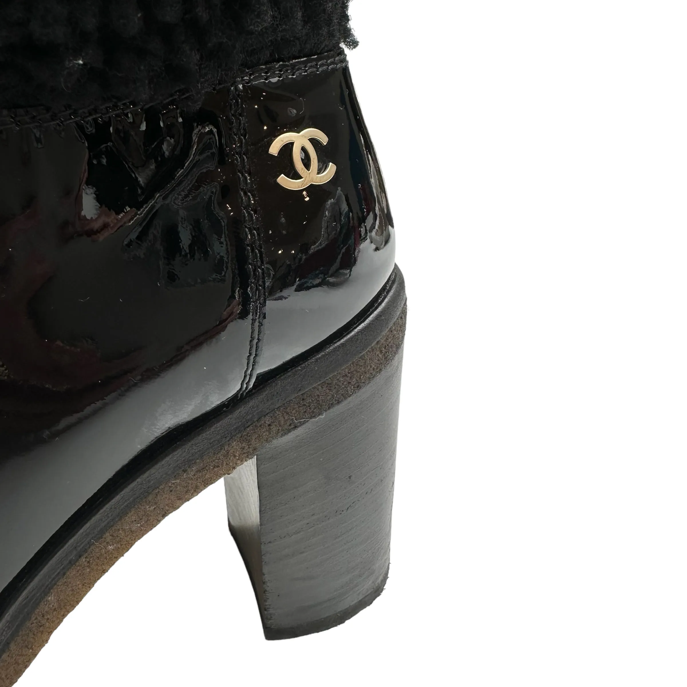 Black Patent Leather & Shearling Boots - 7