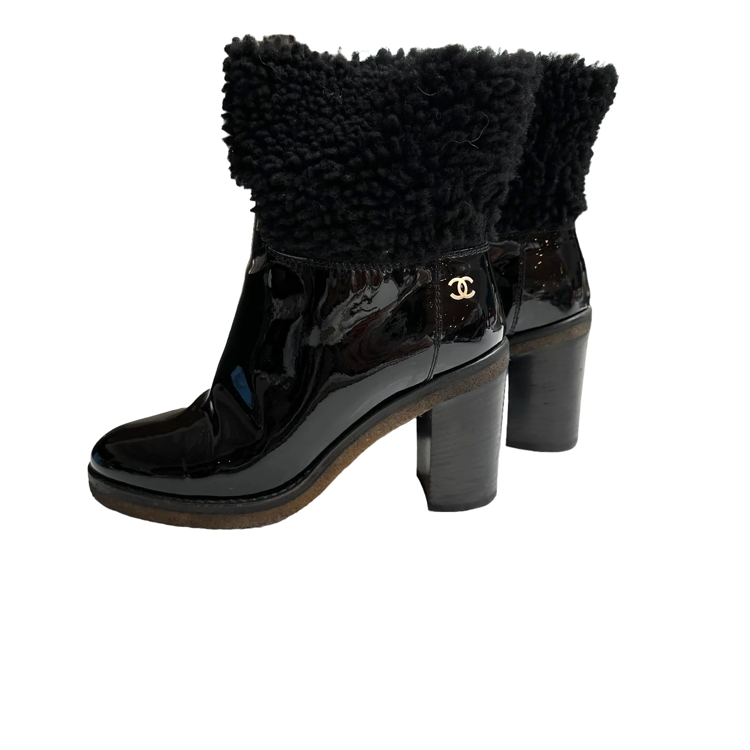 Black Patent Leather & Shearling Boots - 7
