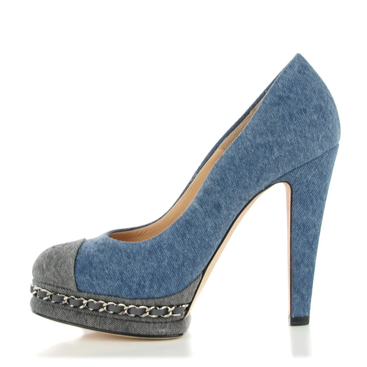 CHANEL Denim Chain Around Cap Toe Platform Pumps