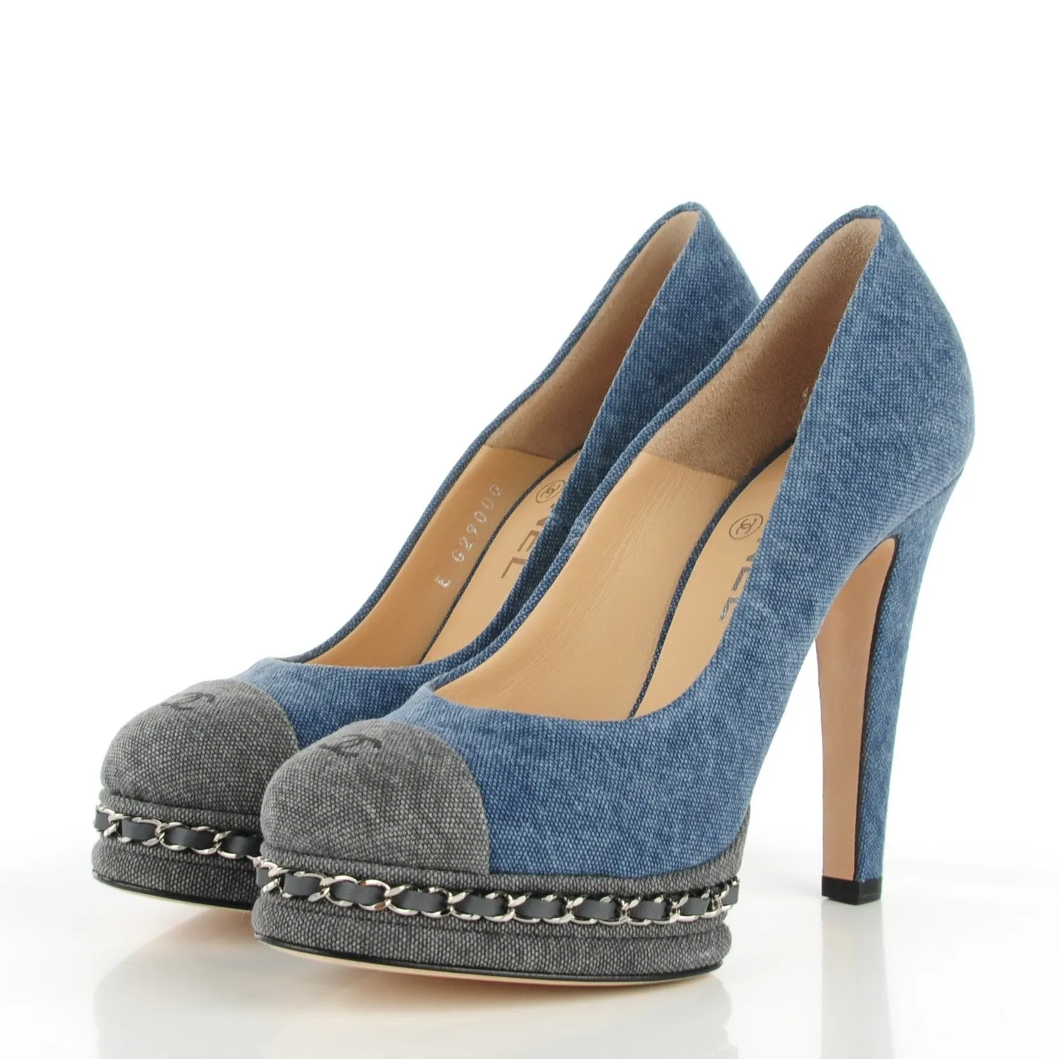 CHANEL Denim Chain Around Cap Toe Platform Pumps