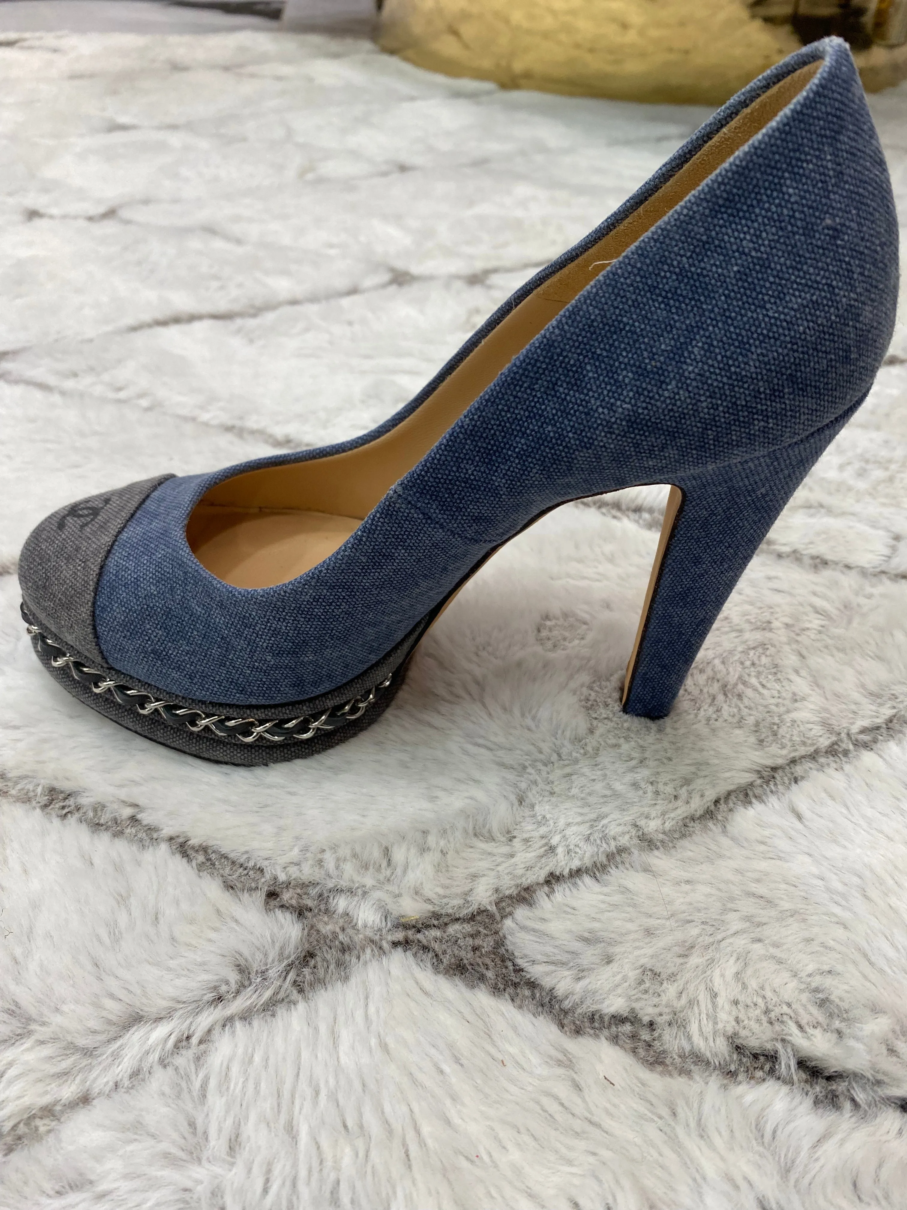 CHANEL Denim Chain Around Cap Toe Platform Pumps