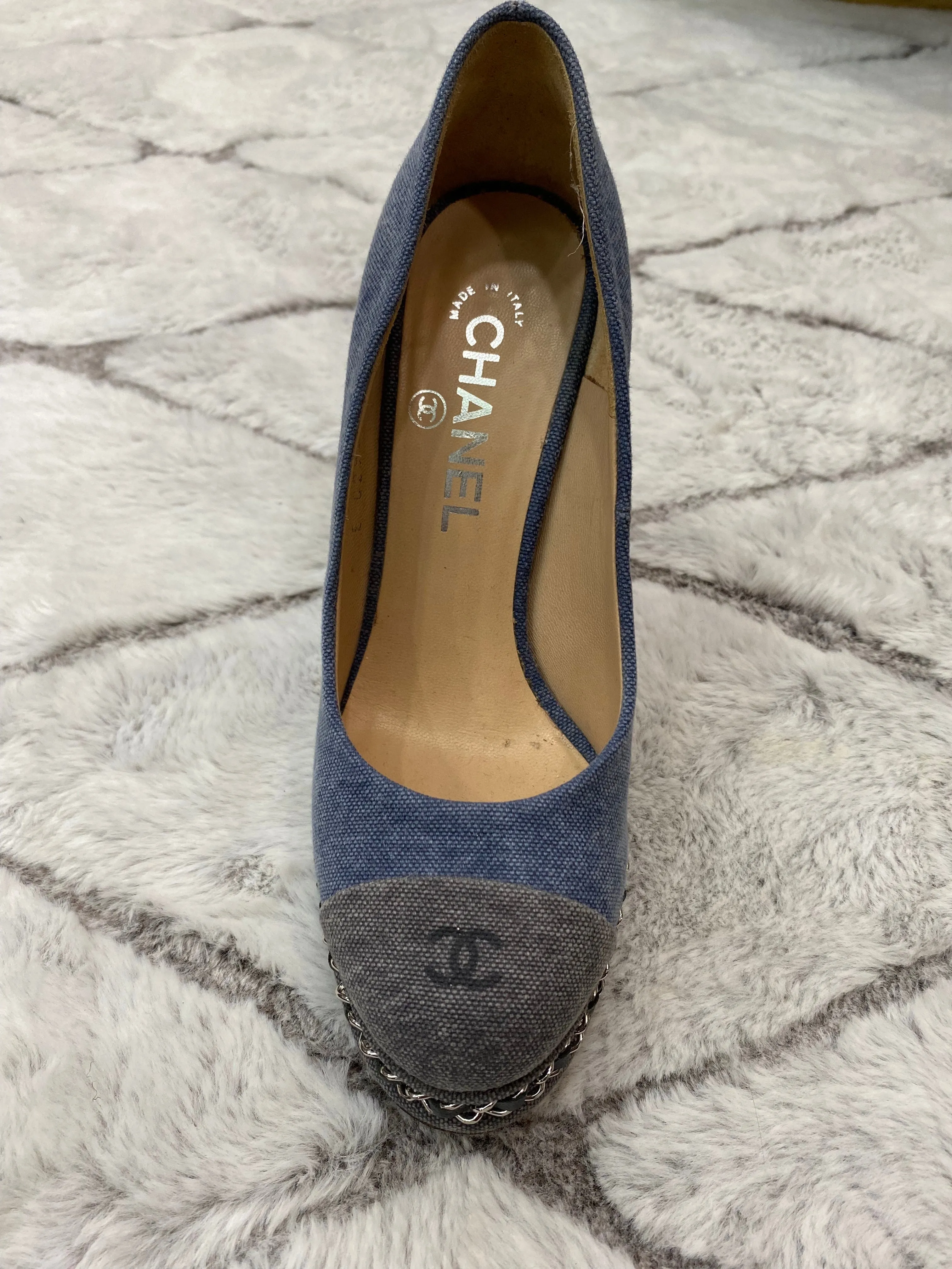 CHANEL Denim Chain Around Cap Toe Platform Pumps