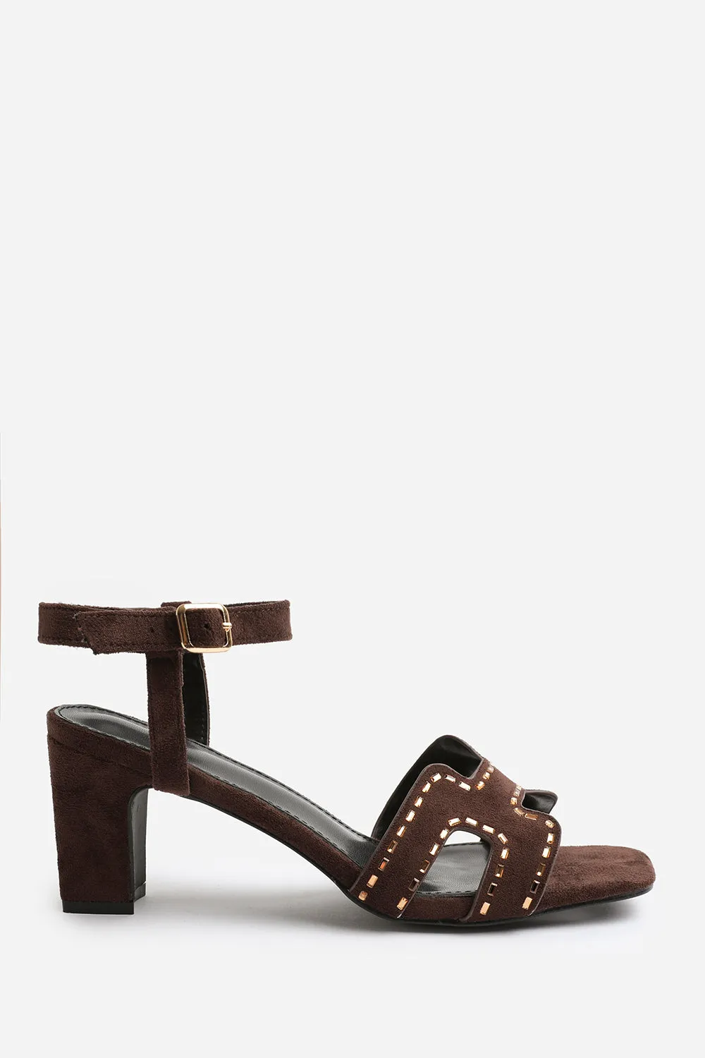 CORA LOW BLOCK HEEL WITH CUT OUT DETAILING AND DIAMANTES IN DARK BROWN SUEDE