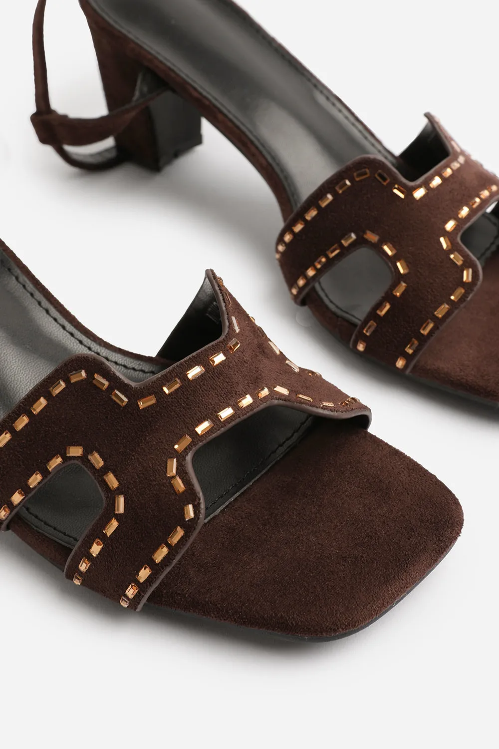 CORA LOW BLOCK HEEL WITH CUT OUT DETAILING AND DIAMANTES IN DARK BROWN SUEDE