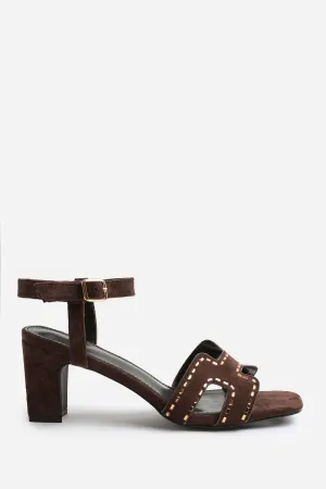 CORA LOW BLOCK HEEL WITH CUT OUT DETAILING AND DIAMANTES IN DARK BROWN SUEDE