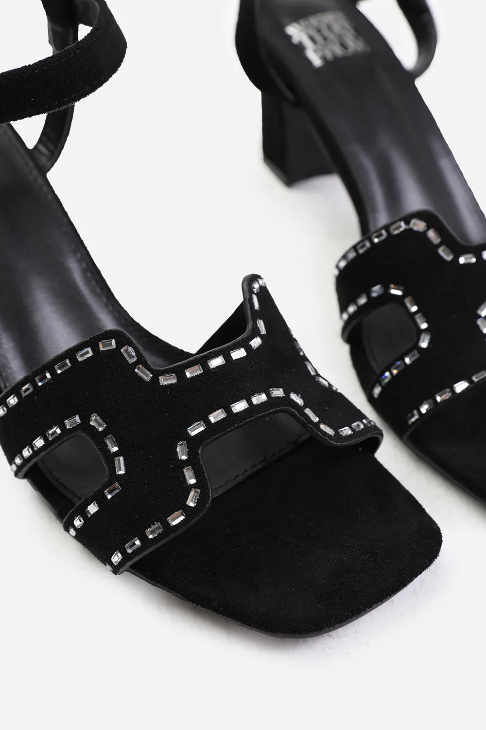 CORA WIDE FIT LOW BLOCK HEEL WITH CUT OUT DETAILING AND DIAMANTES IN BLACK SUEDE