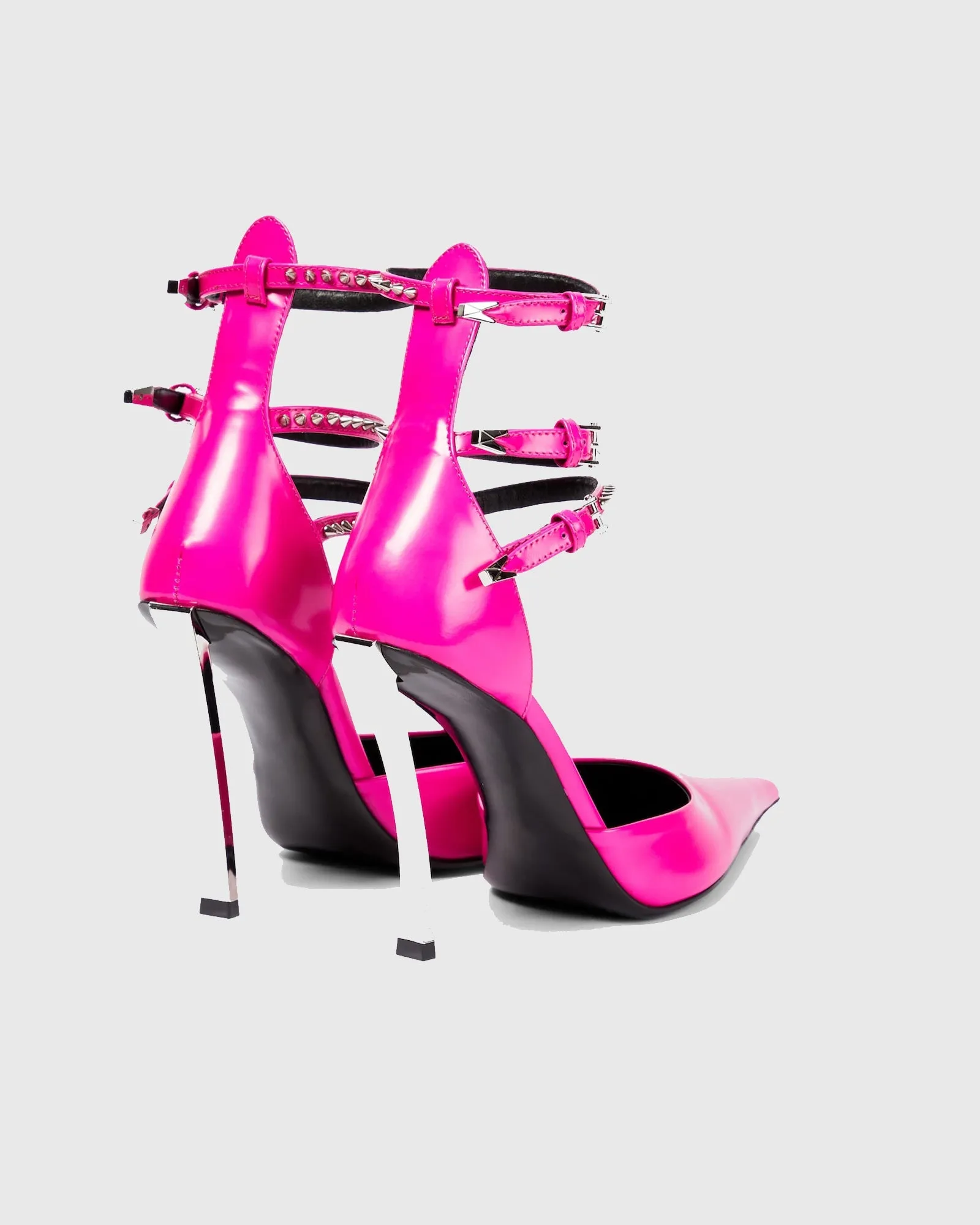 Lilla Leather Rivet Ankle Strap Flared Heels In Pink