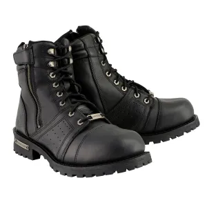 MBM9000 Men's Black Lace-Up Motorcycle Riding Leather Boots with Side Zipper Entry