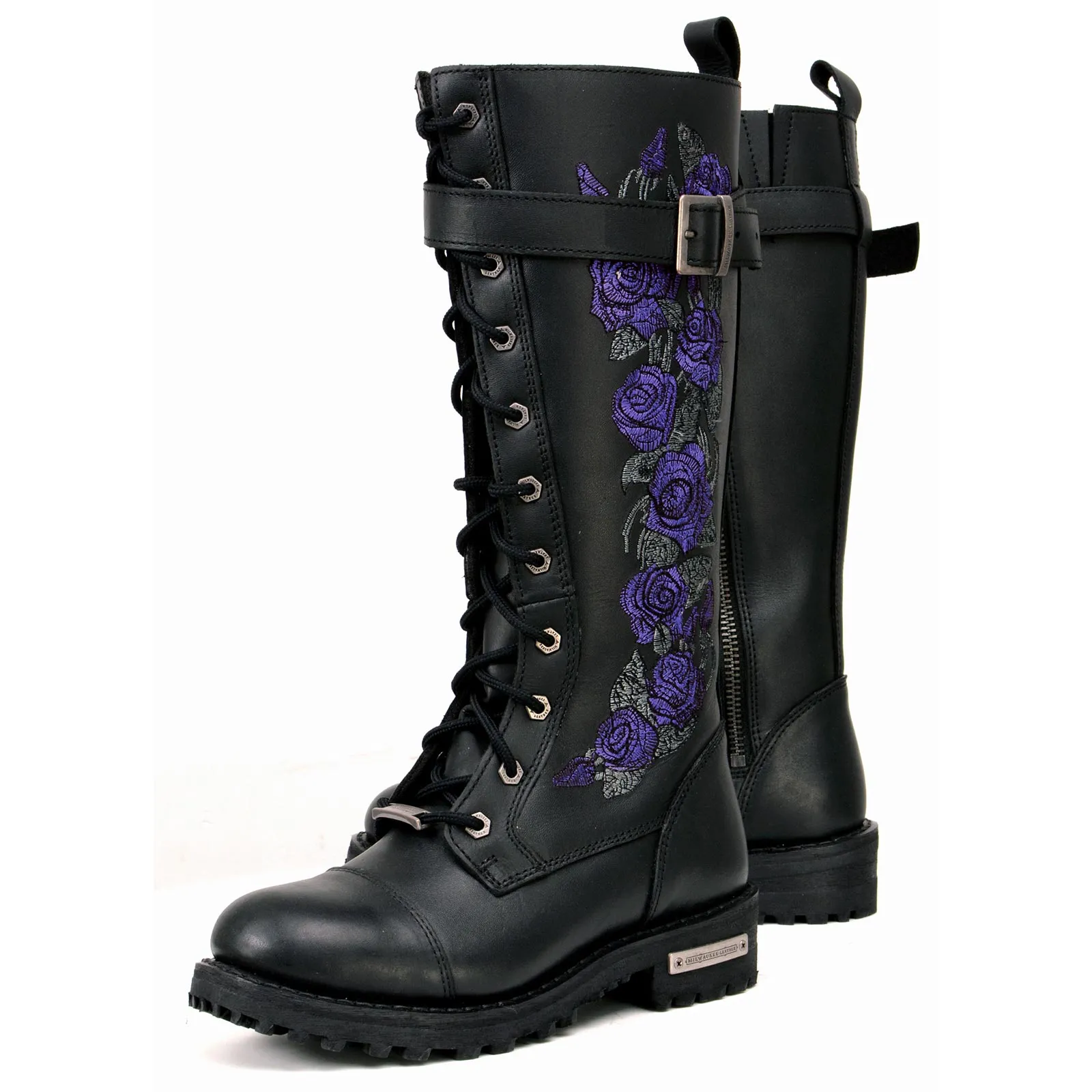 Milwaukee Leather MBL9357 Women's Black 14 Tall Motorcycle Boots Lace-Up High-Rise Purple Embroidered Leather Shoe