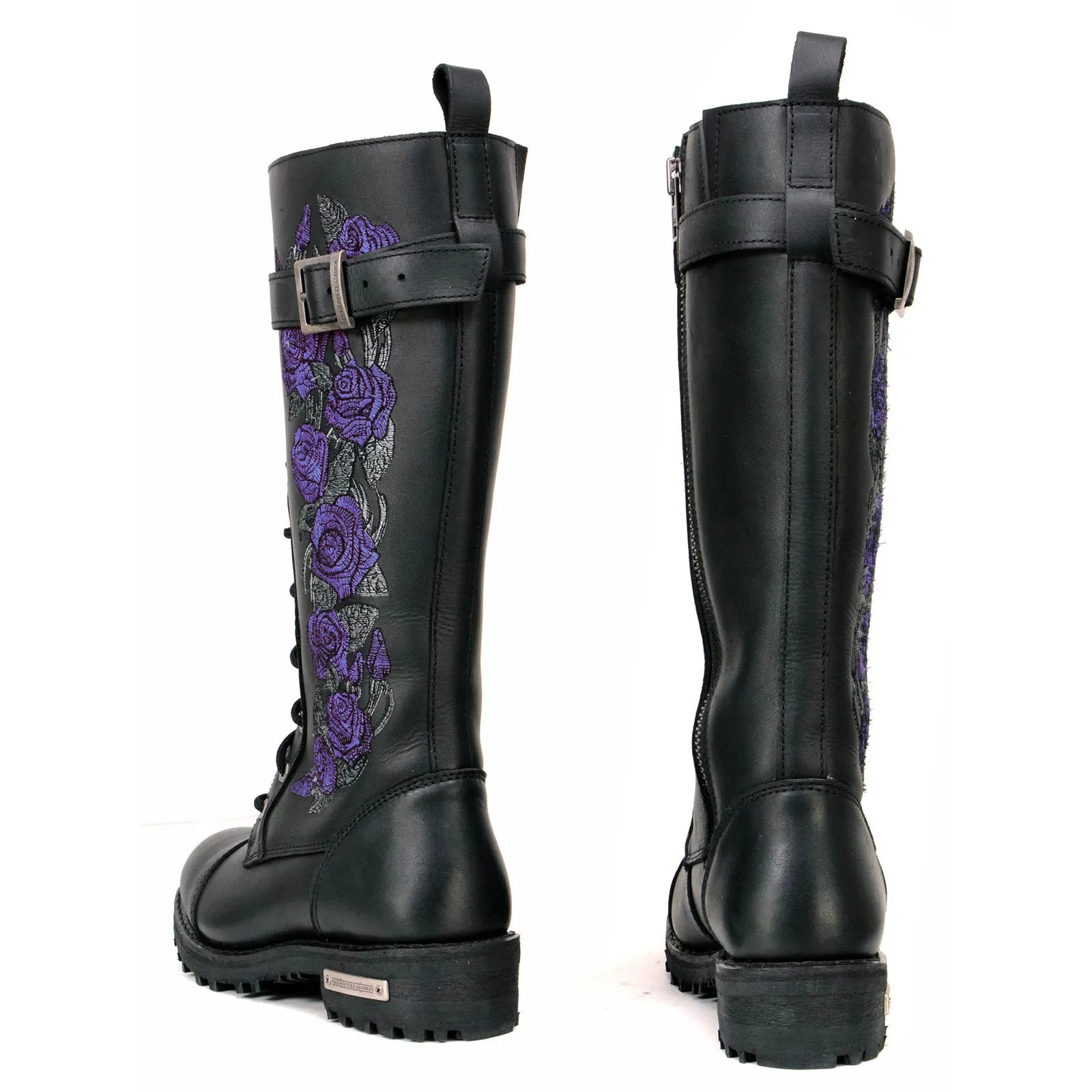 Milwaukee Leather MBL9357 Women's Black 14 Tall Motorcycle Boots Lace-Up High-Rise Purple Embroidered Leather Shoe