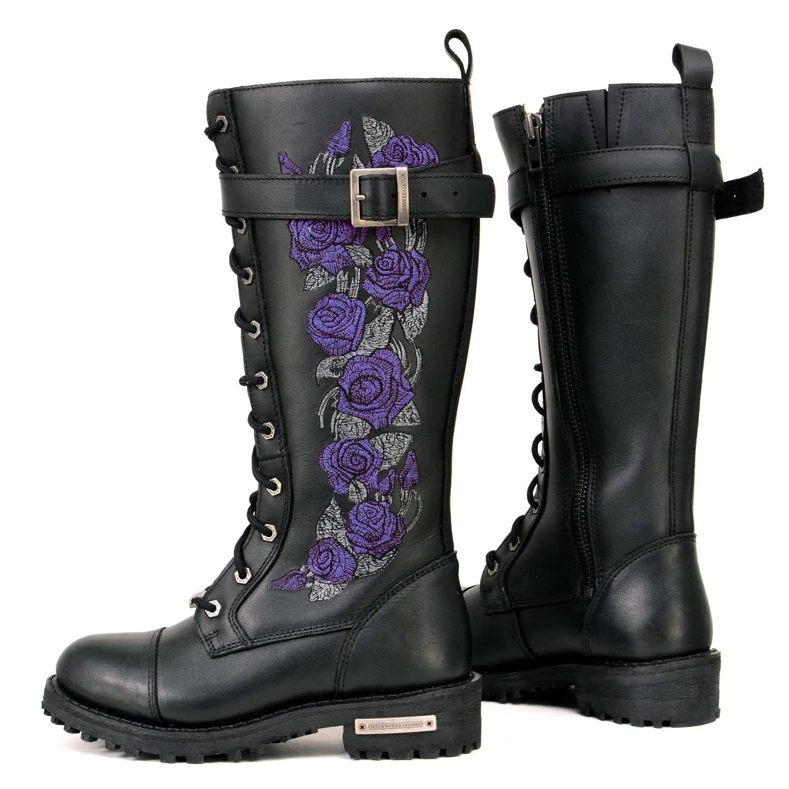 Milwaukee Leather MBL9357 Women's Black 14 Tall Motorcycle Boots Lace-Up High-Rise Purple Embroidered Leather Shoe