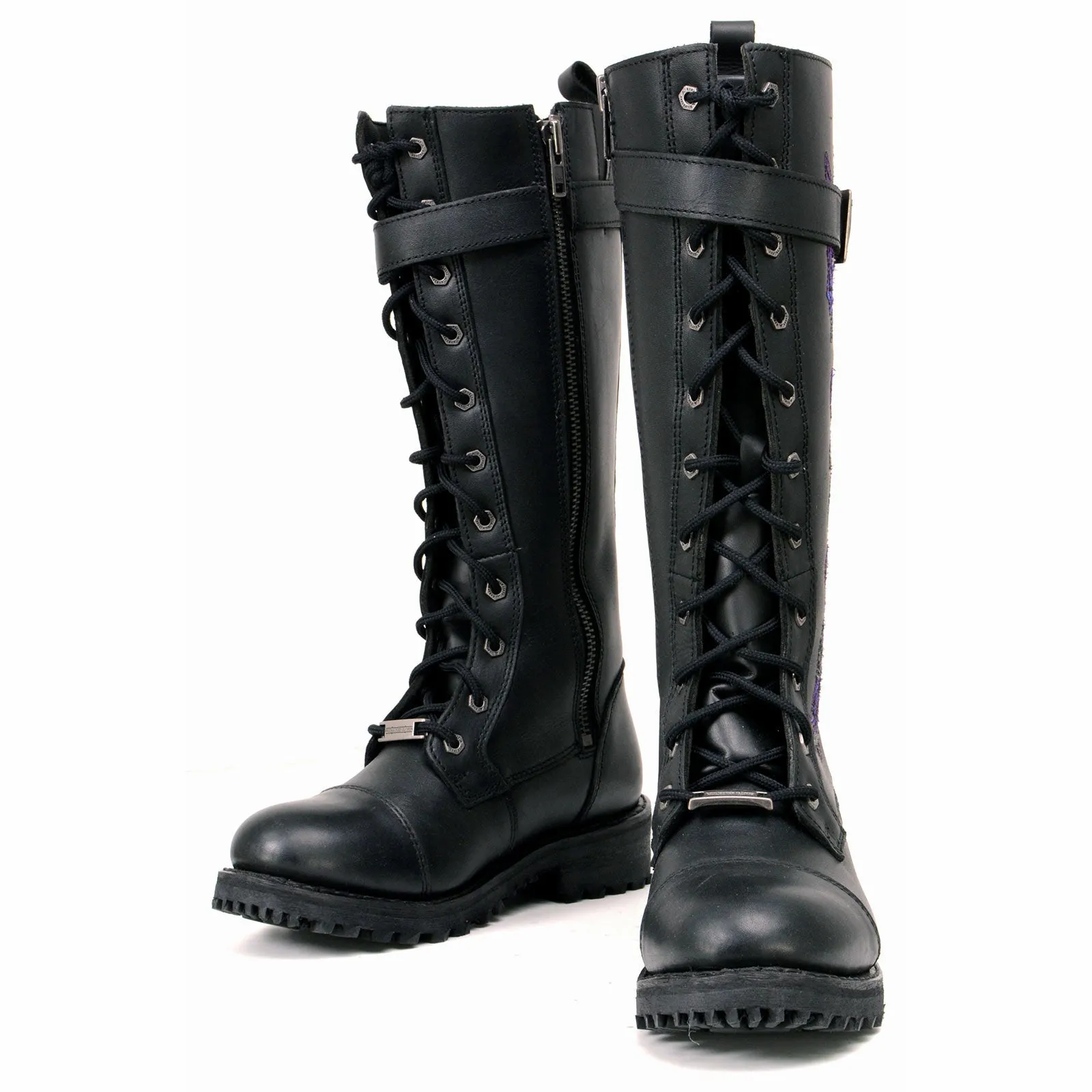 Milwaukee Leather MBL9357 Women's Black 14 Tall Motorcycle Boots Lace-Up High-Rise Purple Embroidered Leather Shoe