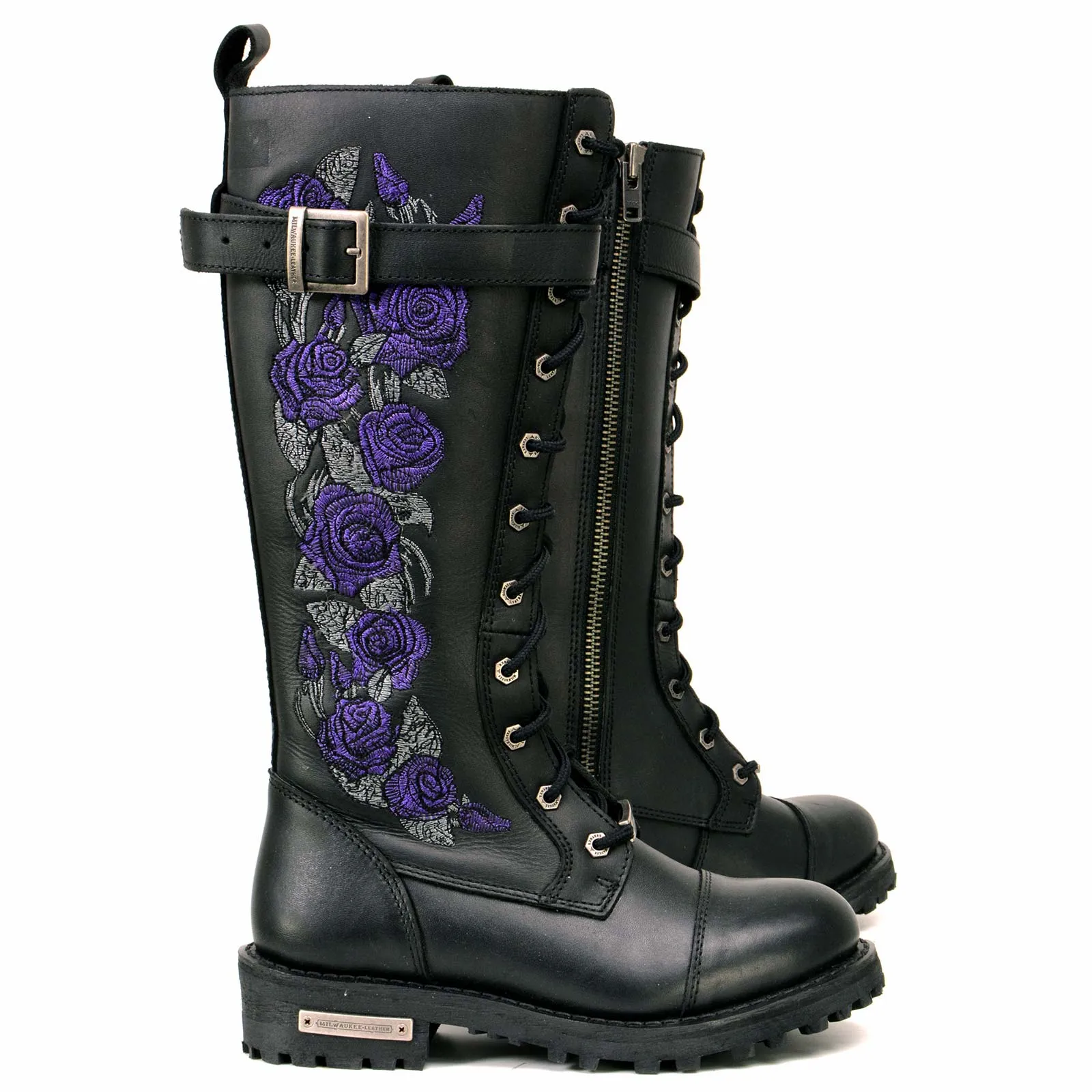 Milwaukee Leather MBL9357 Women's Black 14 Tall Motorcycle Boots Lace-Up High-Rise Purple Embroidered Leather Shoe
