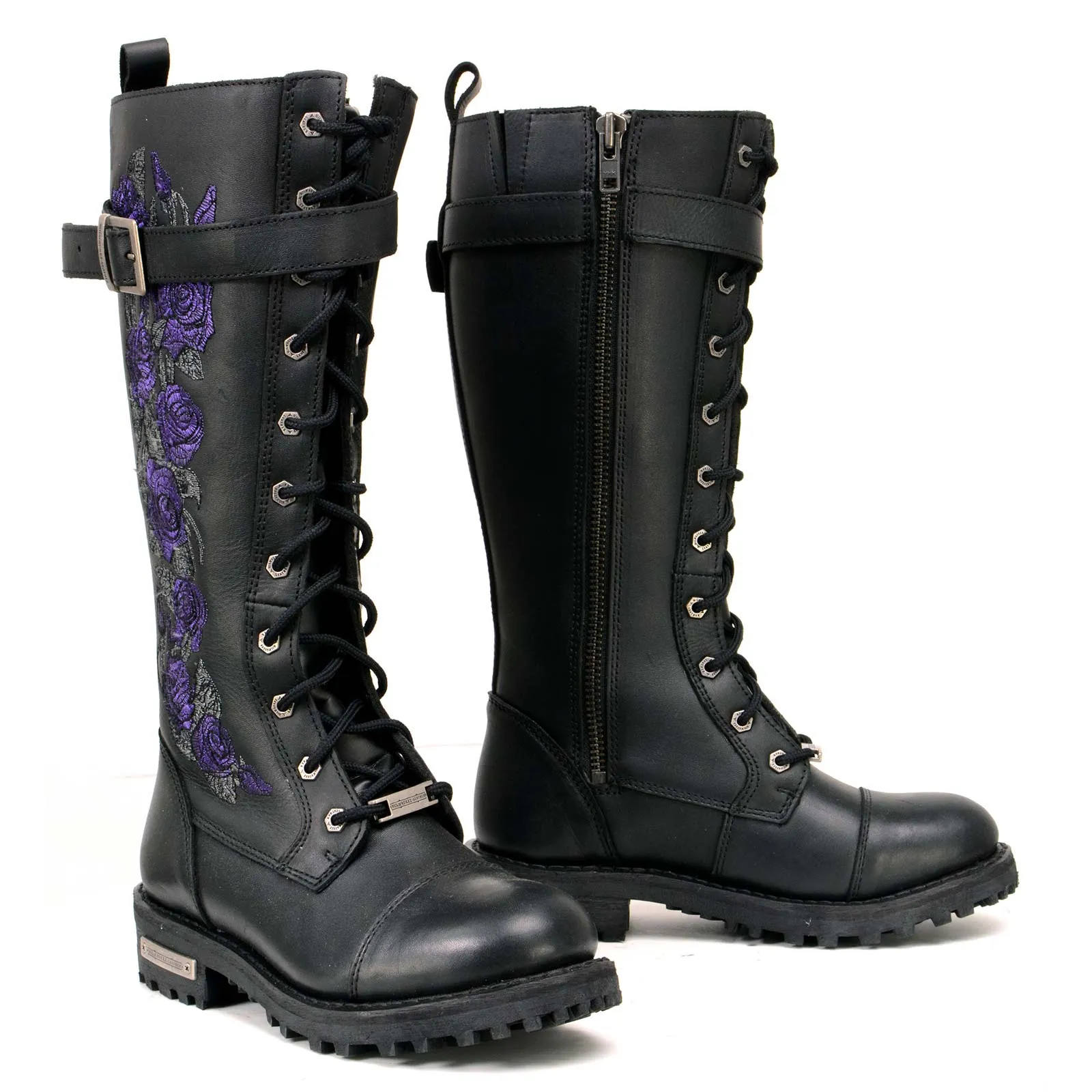 Milwaukee Leather MBL9357 Women's Black 14 Tall Motorcycle Boots Lace-Up High-Rise Purple Embroidered Leather Shoe