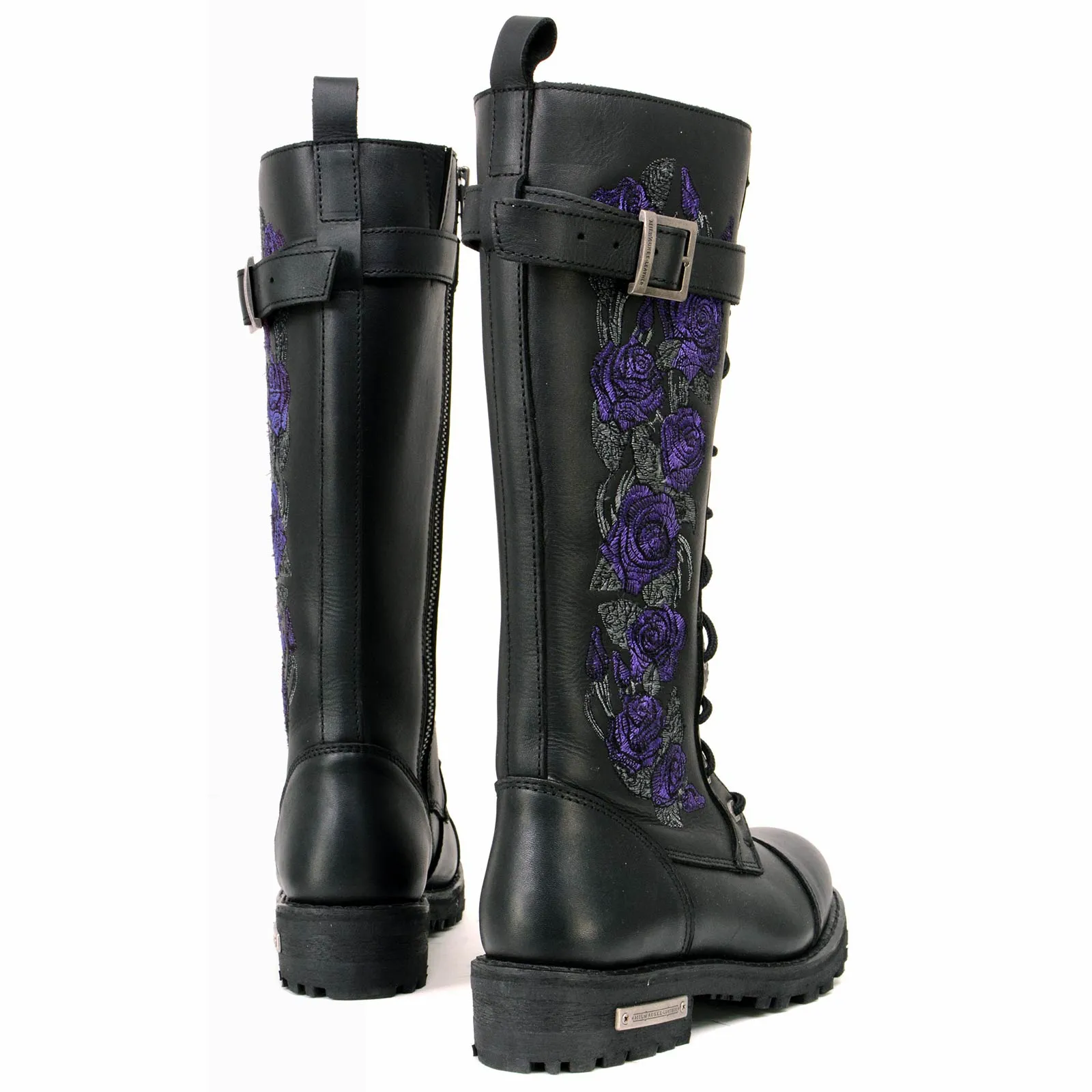 Milwaukee Leather MBL9357 Women's Black 14 Tall Motorcycle Boots Lace-Up High-Rise Purple Embroidered Leather Shoe