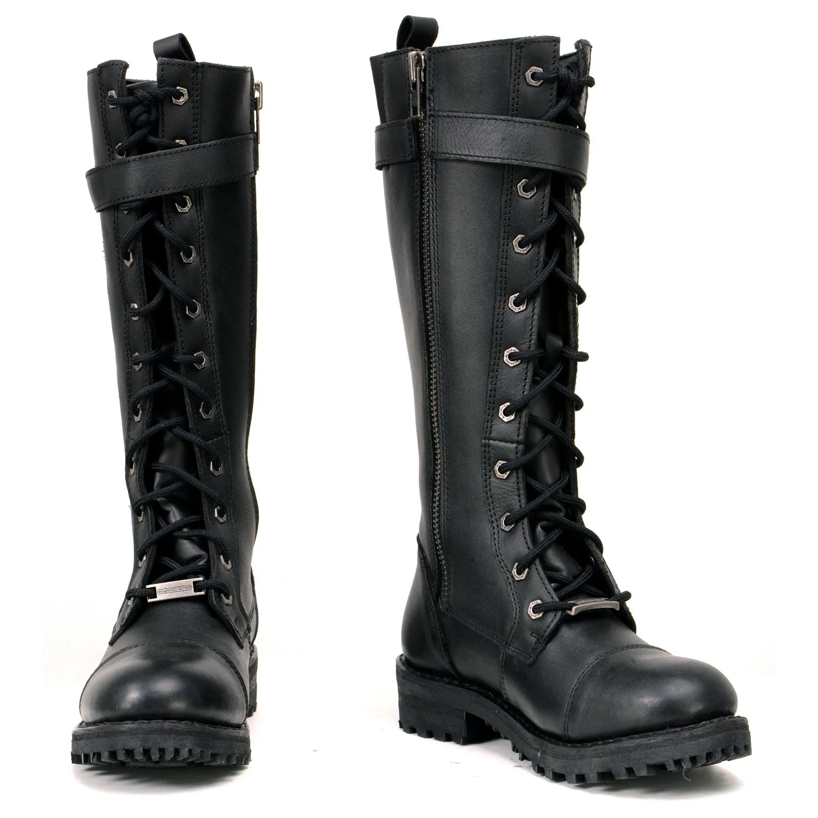 Milwaukee Leather MBL9357 Women's Black 14 Tall Motorcycle Boots Lace-Up High-Rise Purple Embroidered Leather Shoe