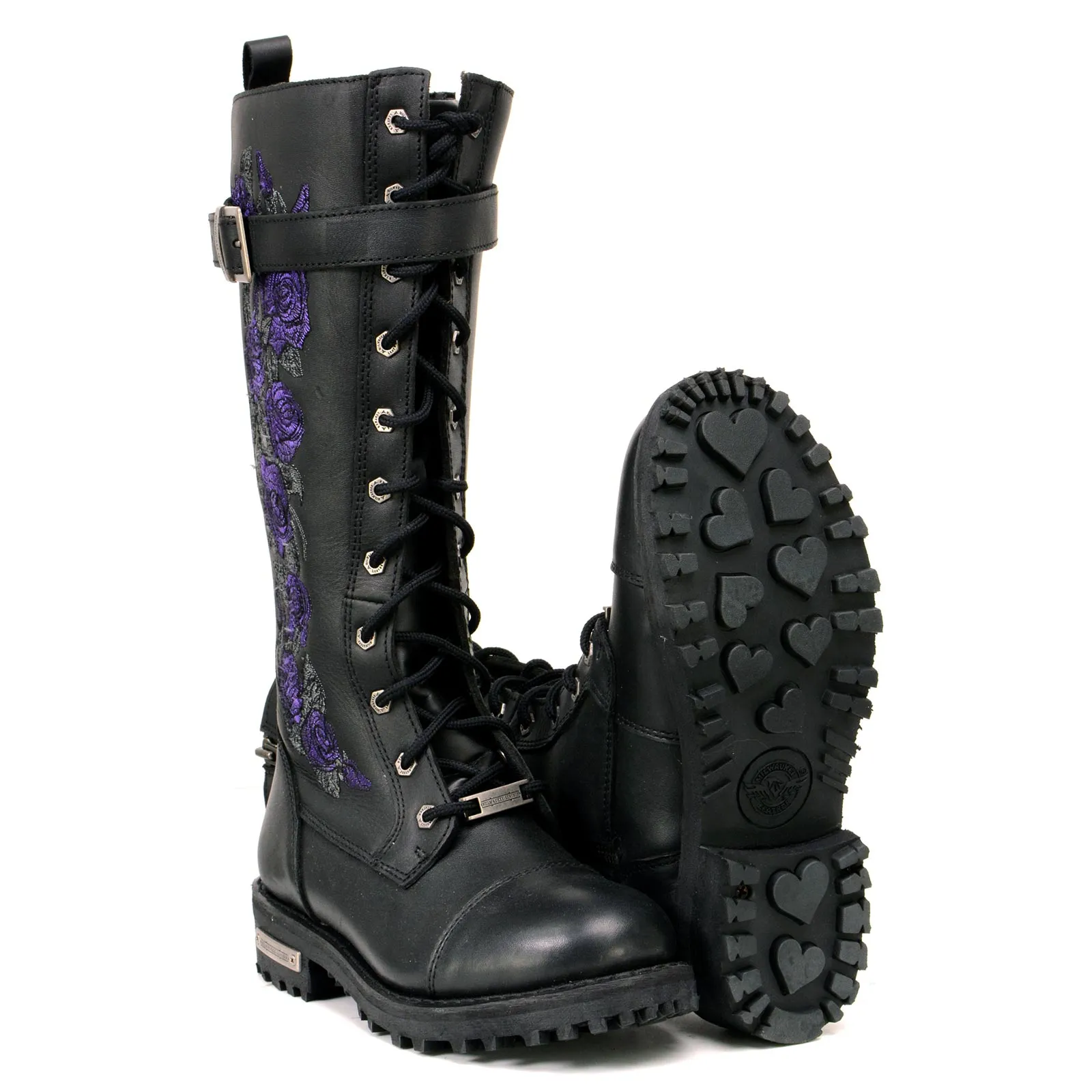 Milwaukee Leather MBL9357 Women's Black 14 Tall Motorcycle Boots Lace-Up High-Rise Purple Embroidered Leather Shoe