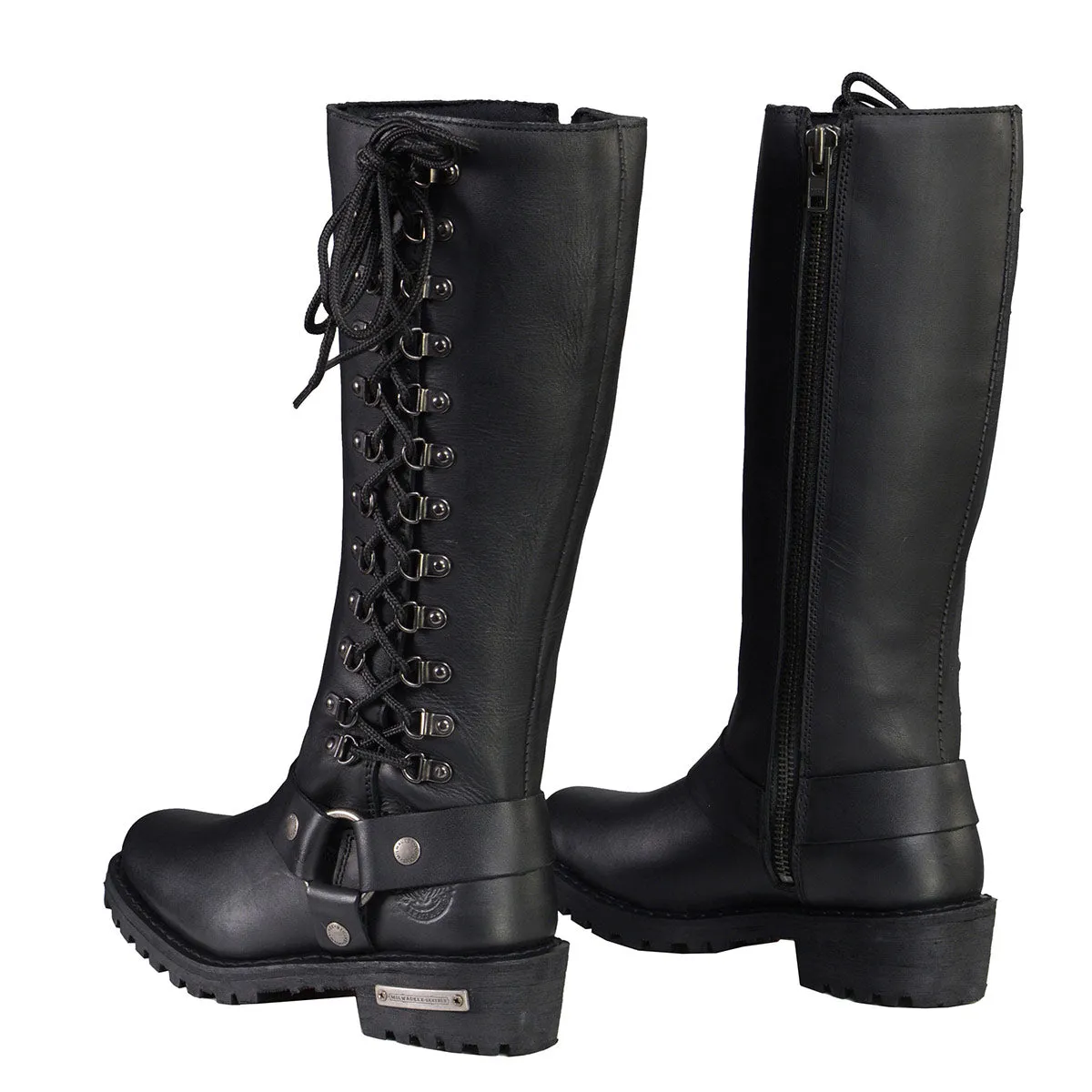 Milwaukee Leather MBL9365W Womens Wide Width Black Leather Classic Harness 14-inch Square Toe Motorcycle Boots