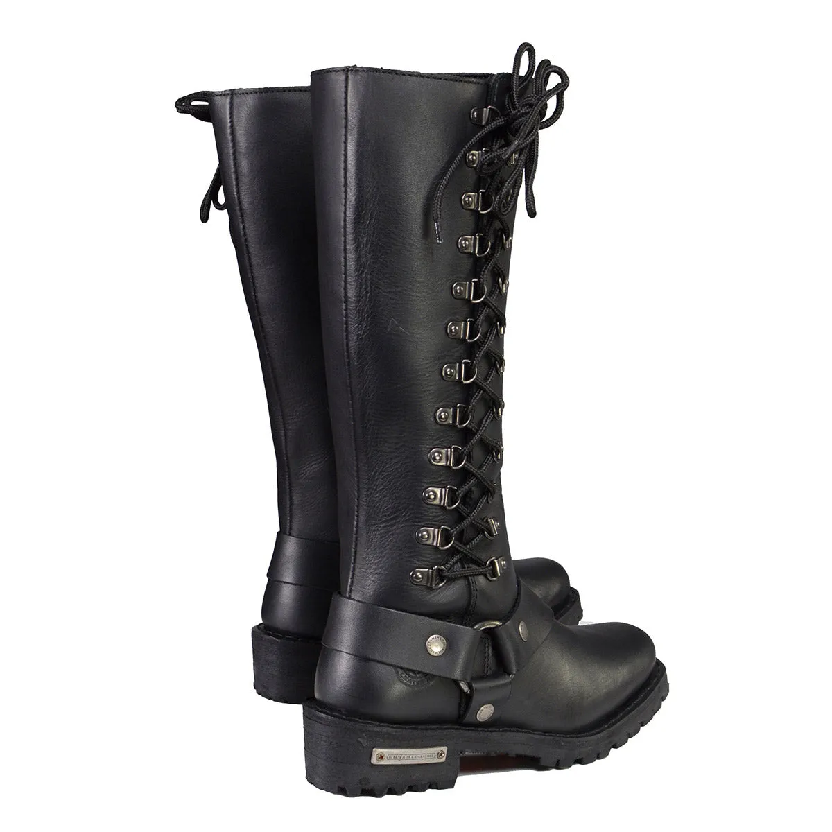 Milwaukee Leather MBL9365W Womens Wide Width Black Leather Classic Harness 14-inch Square Toe Motorcycle Boots