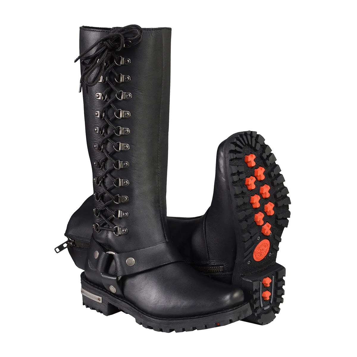 Milwaukee Leather MBL9365W Womens Wide Width Black Leather Classic Harness 14-inch Square Toe Motorcycle Boots