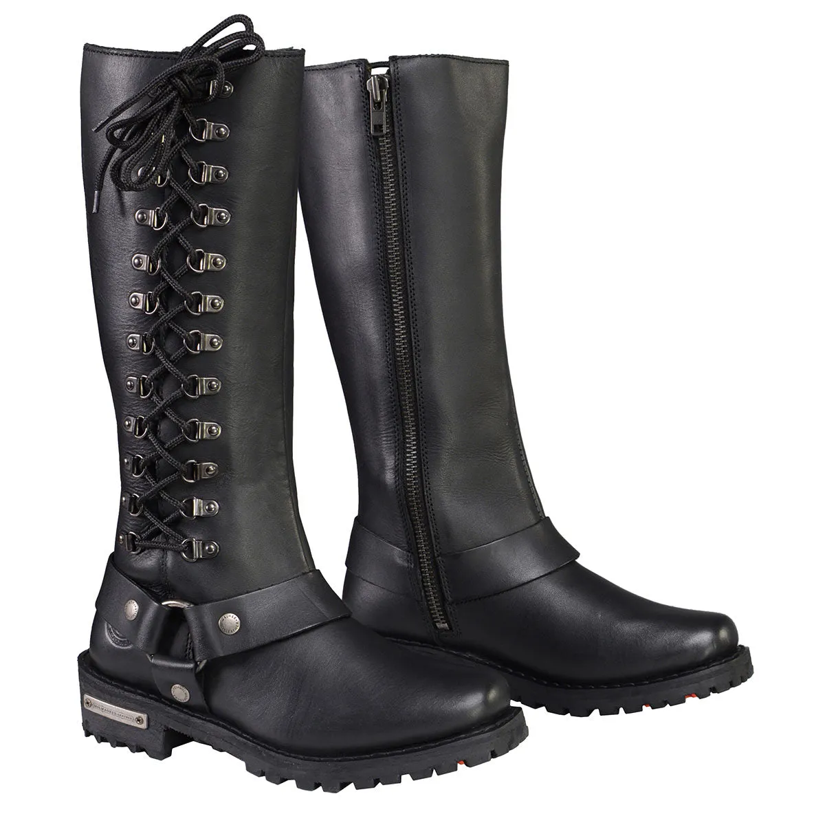 Milwaukee Leather MBL9365W Womens Wide Width Black Leather Classic Harness 14-inch Square Toe Motorcycle Boots