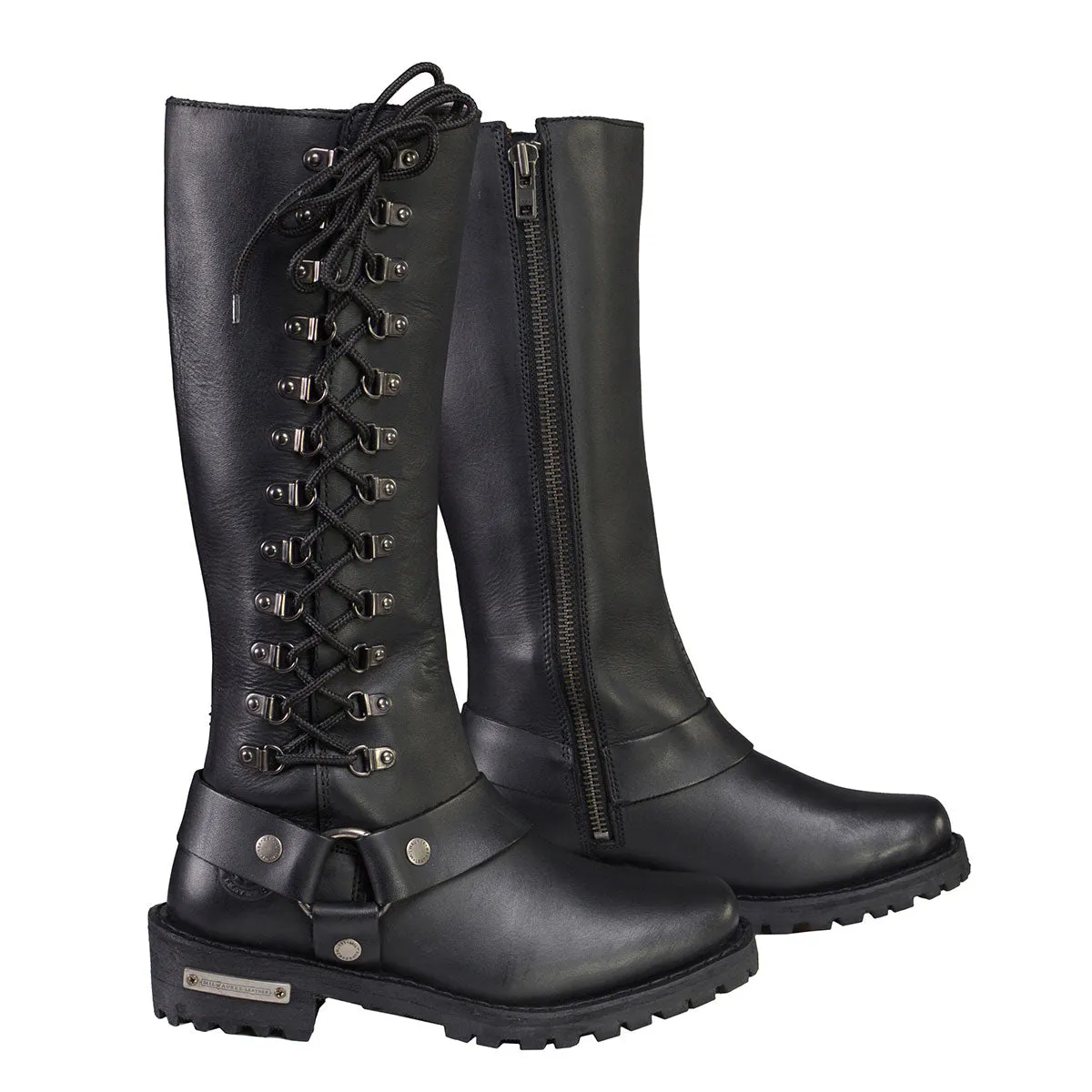 Milwaukee Leather MBL9365W Womens Wide Width Black Leather Classic Harness 14-inch Square Toe Motorcycle Boots