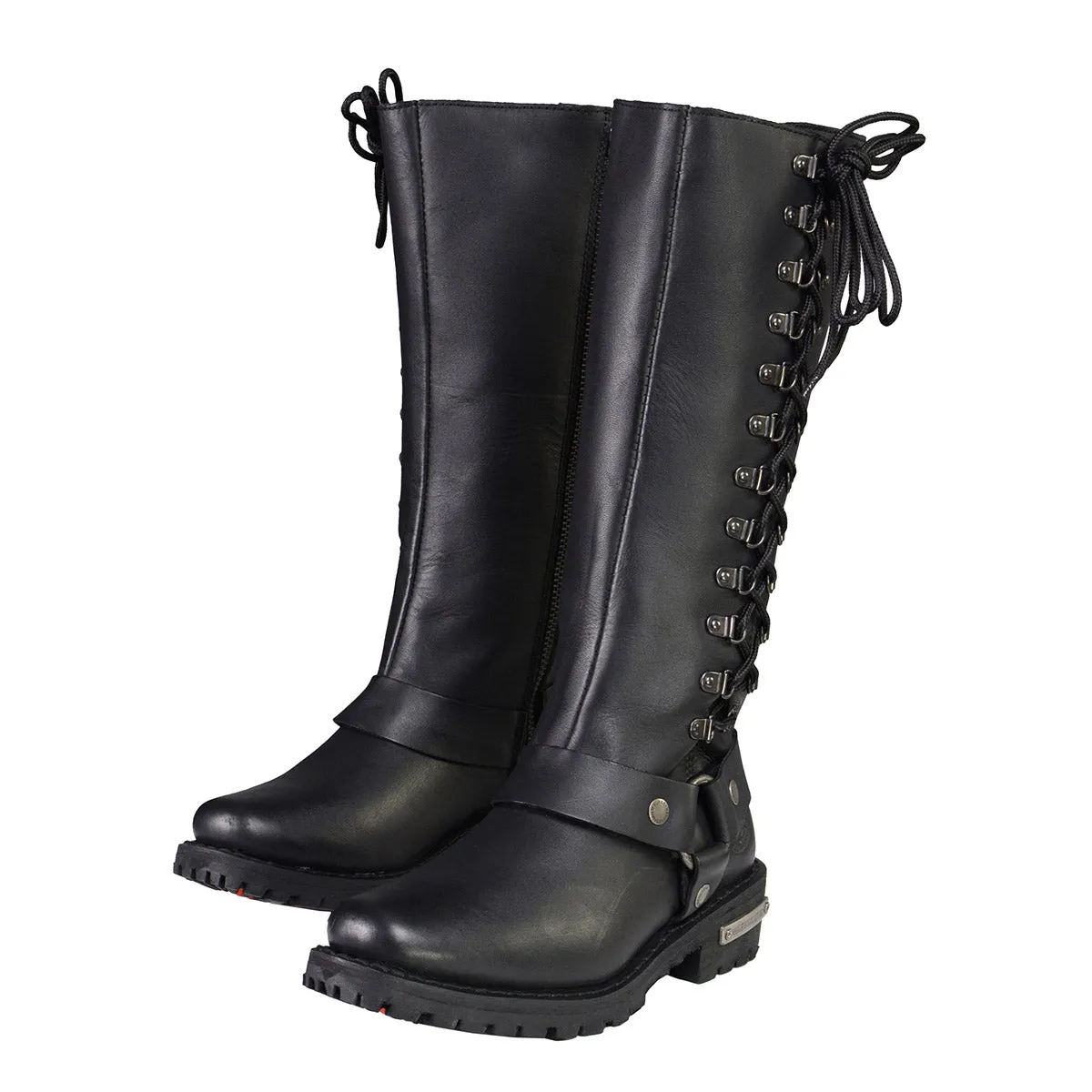 Milwaukee Leather MBL9365W Womens Wide Width Black Leather Classic Harness 14-inch Square Toe Motorcycle Boots