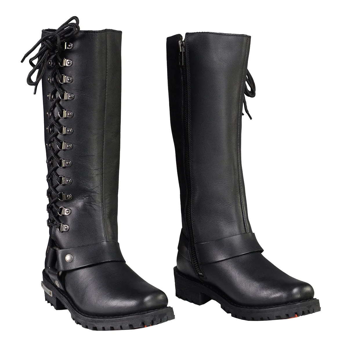Milwaukee Leather MBL9365W Womens Wide Width Black Leather Classic Harness 14-inch Square Toe Motorcycle Boots