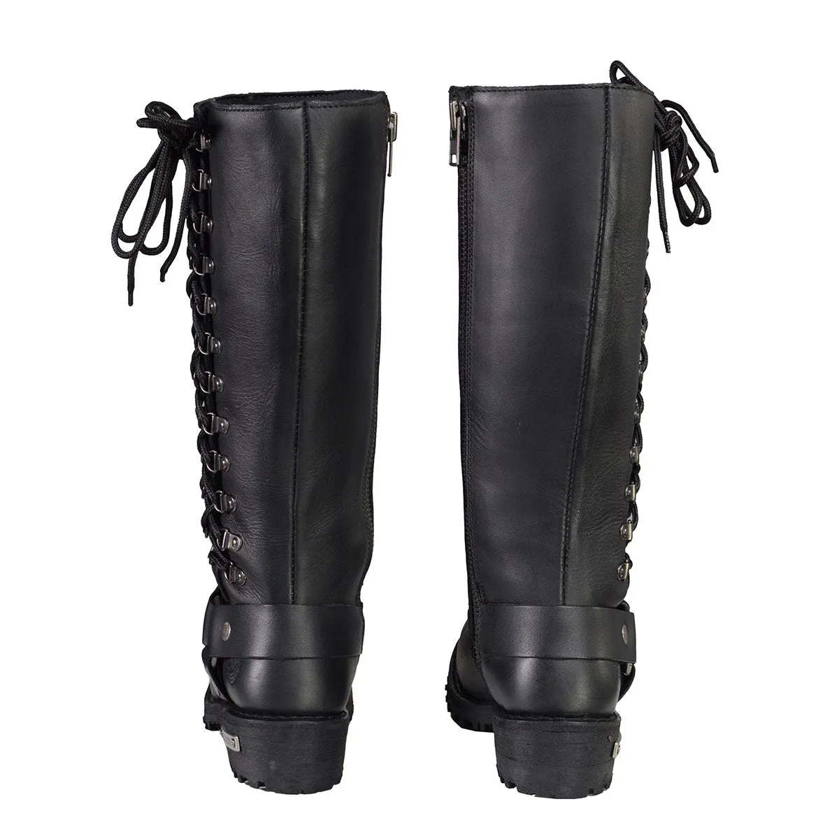 Milwaukee Leather MBL9365W Womens Wide Width Black Leather Classic Harness 14-inch Square Toe Motorcycle Boots