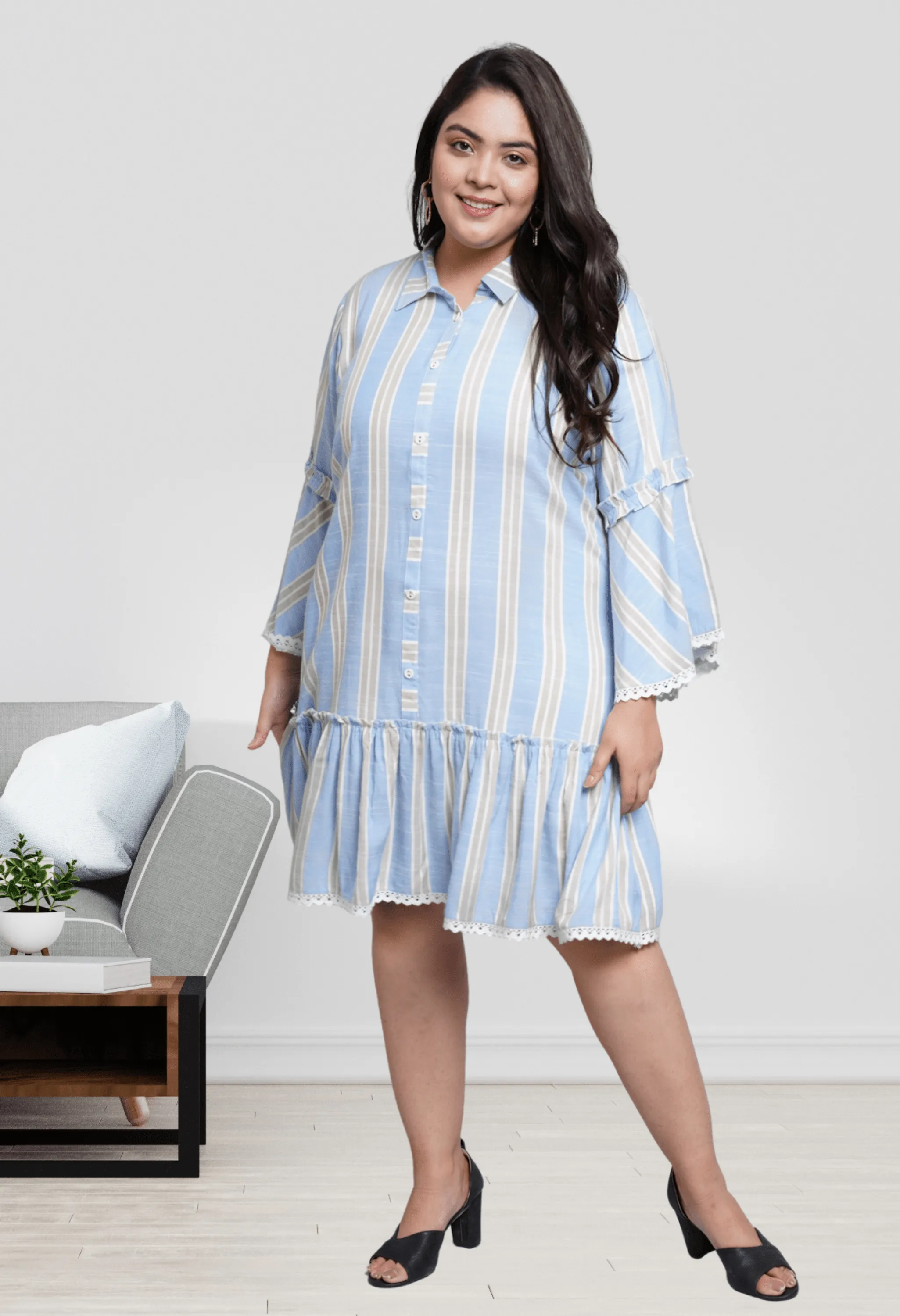 Plus Size Plus Size Blue Striped A line Dress