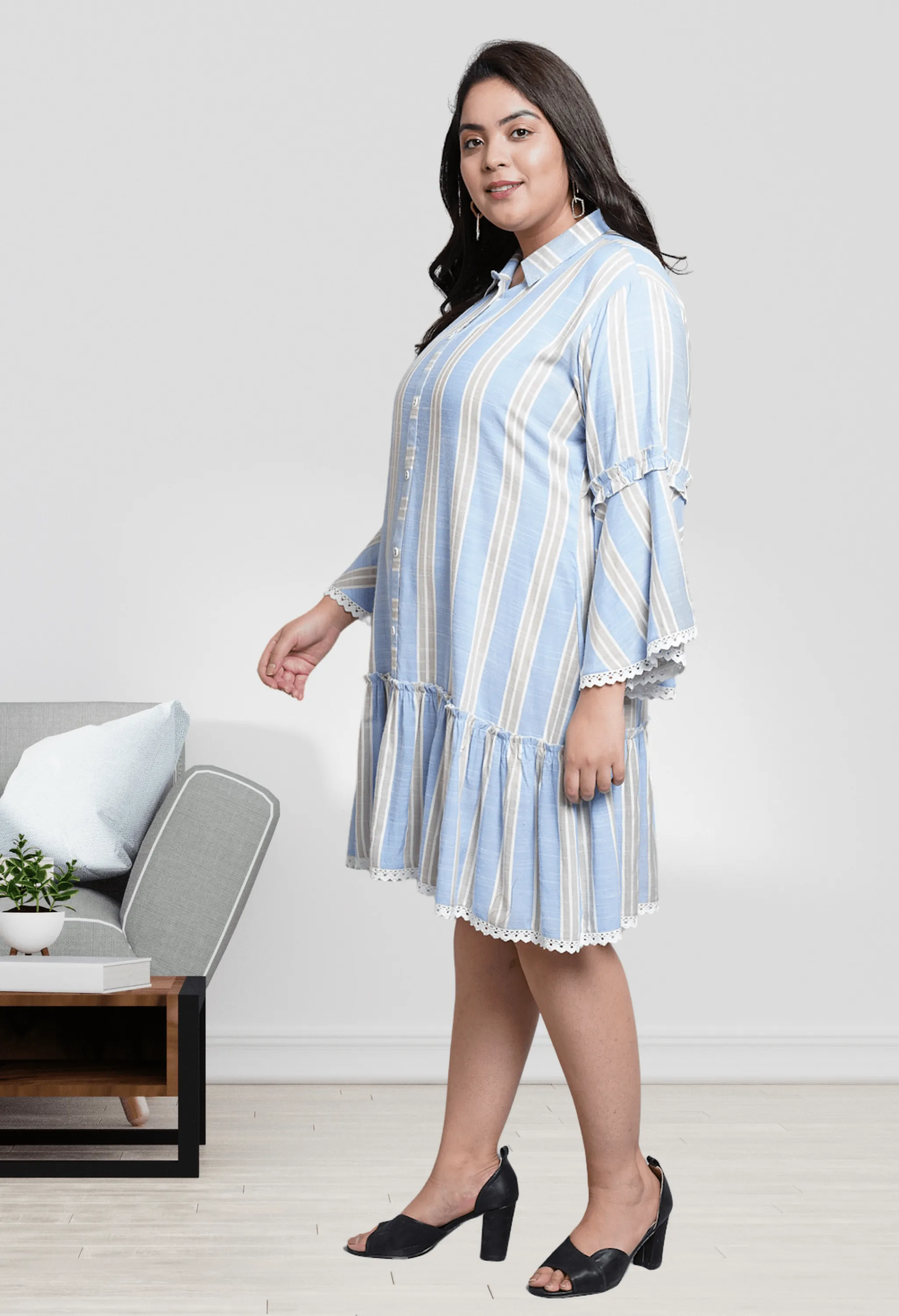 Plus Size Plus Size Blue Striped A line Dress