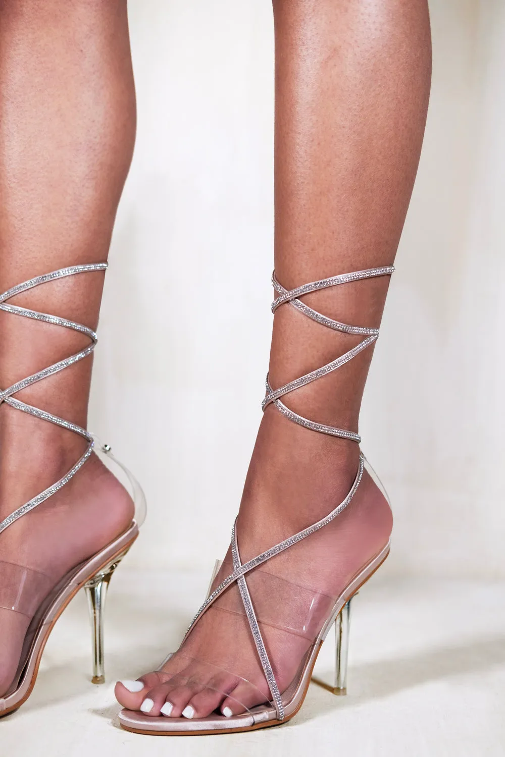 SLOANE DIAMANTE HIGH HEEL WITH PERSPEX STRAP & LACE UP DETAIL IN CHAMPAGNE